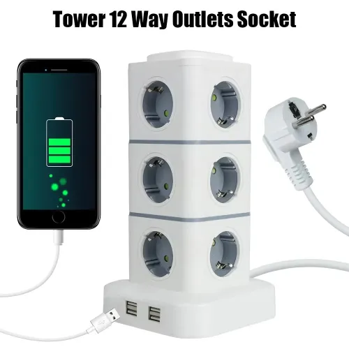 2500W Tower 12-way Outlets EU Socket with 4 USB Multi Power Strip with 2.8M Extension Cord Built-in LED Light Switch Overload Protector 250V 10A