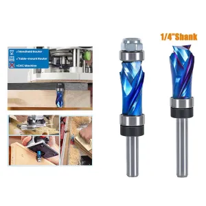 1/4 Inch 6.35mm Shank Nano Blue Coated Carbide Compression Flush Trim Router Bit Top and Bottom Bearing 1/2" Cutting Diameter for Woodworking Trimming and Slotting
