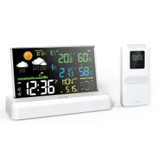 Wireless Indoor Outdoor Weather Station VA Color Screen Temperature Humidity Sensor 500 Feet Range Adjustable Backlight Dual Power Calendar Clock Moon Phase