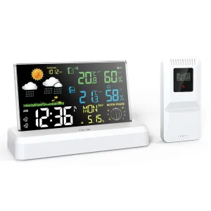 Wireless Indoor Outdoor Weather Station VA Color Screen Temperature Humidity Sensor 500 Feet Range Adjustable Backlight Dual Power Calendar Clock Moon Phase