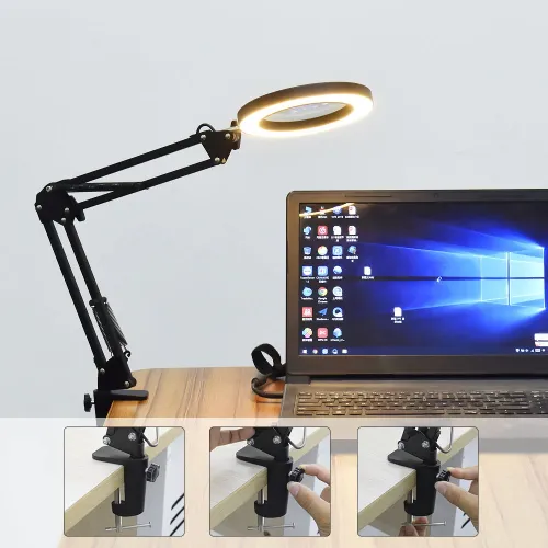DANIU Flexible Desk Large 5X USB LED Magnifying Glass 33cm+33cm Bracket 3 Colors Illuminated Magnifier Lamp Loupe